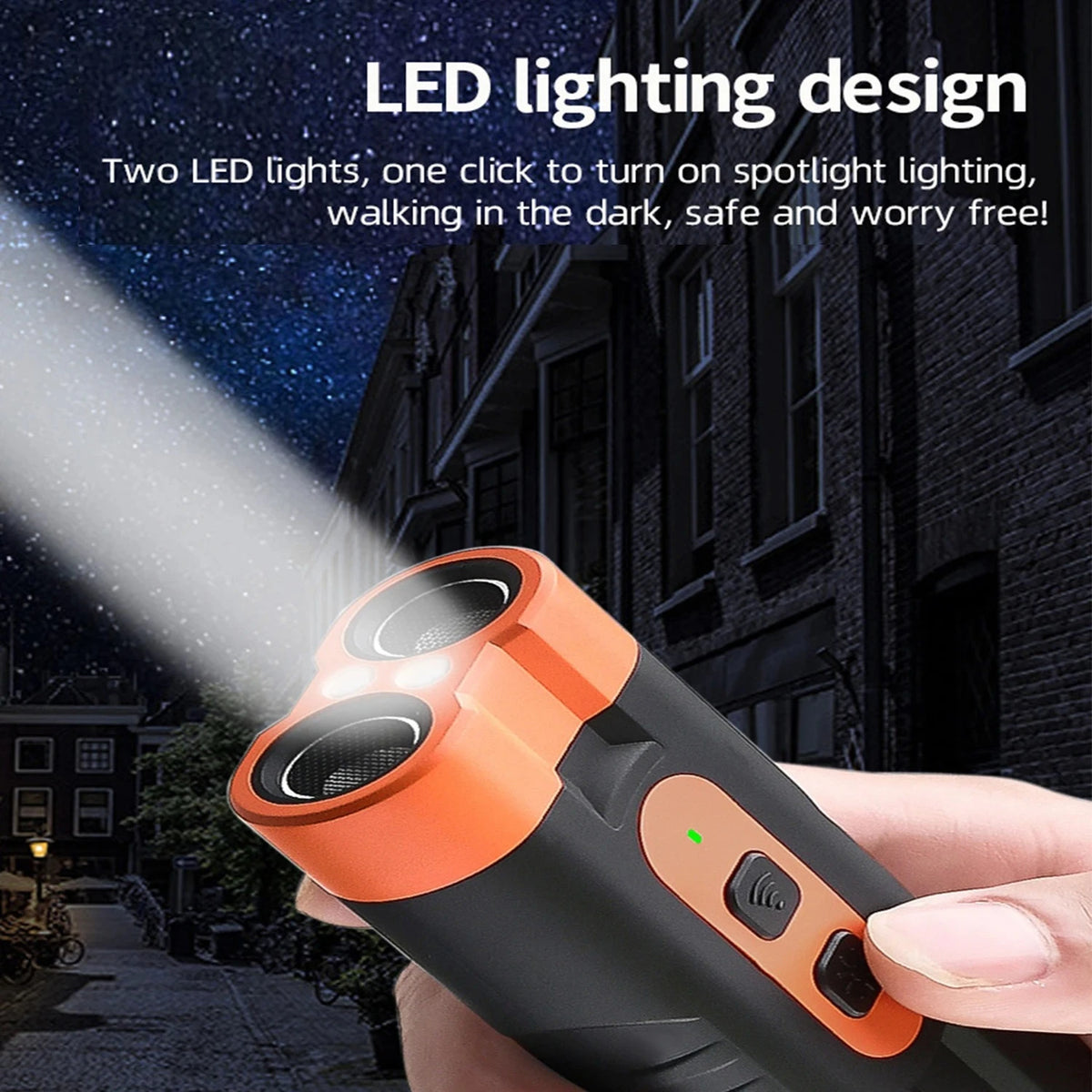 A hand holds an orange and black LED spotlight device, demonstrating its use for night lighting.