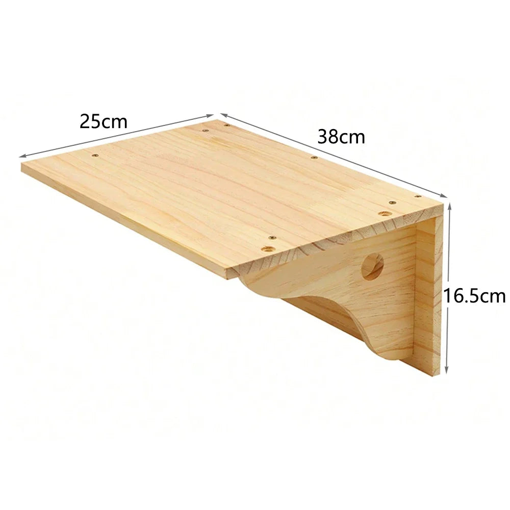 A wooden wall-mounted cat climbing shelf featuring a flat board, hammock, and scratching post.