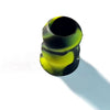 A close-up view of a silicone bat grip knob with a black and neon yellow marbled pattern.
