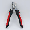 Stainless steel pet nail clippers with black handles and red accents for dogs and cats