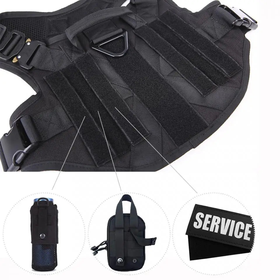 Black tactical dog harness featuring a collar and MOLLE pouches.