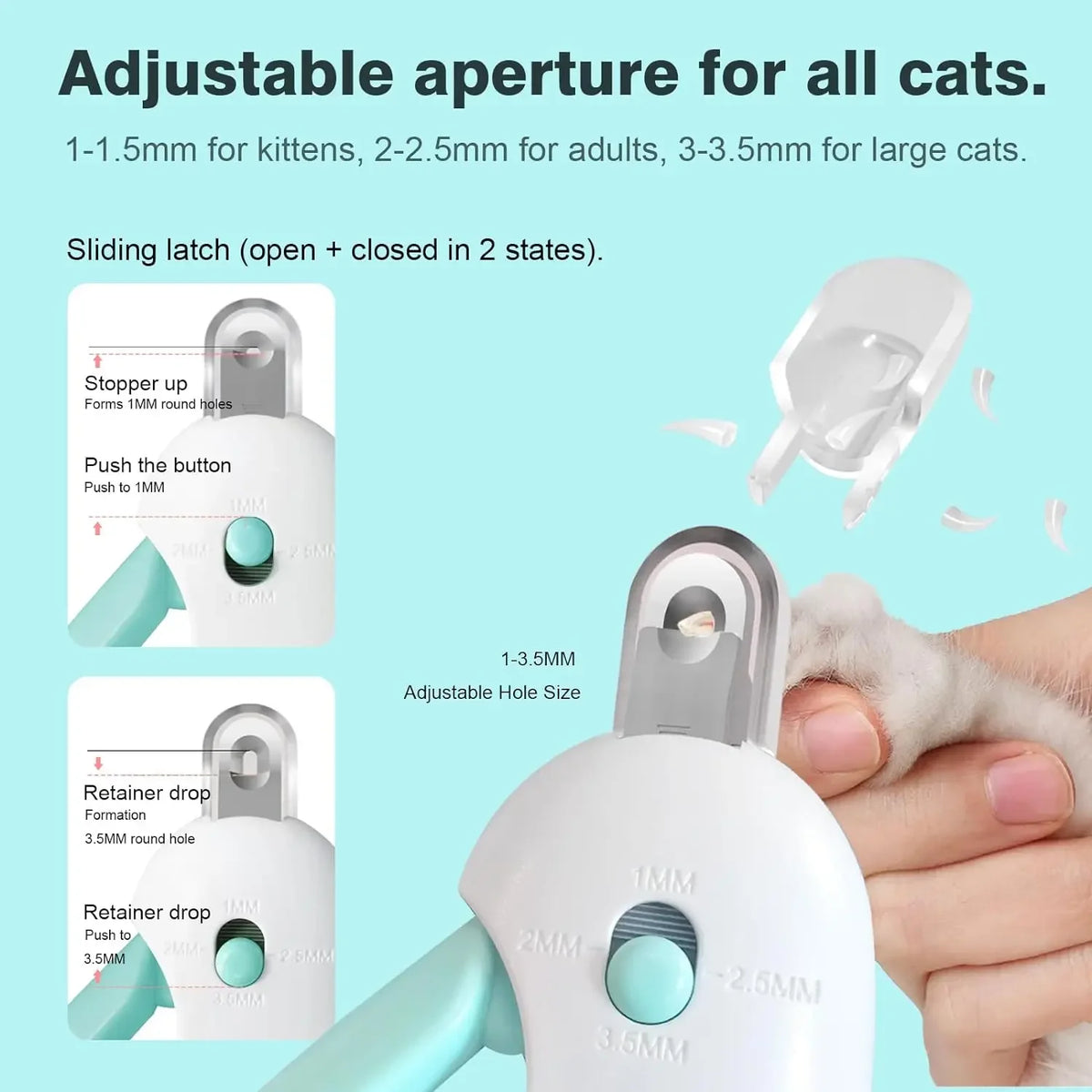 Close-up of an adjustable pet nail clipper with various sized holes for kittens, adult cats, and large cats.