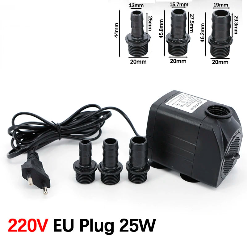 Pompe submersible noire avec plusieurs tailles de buses filetées et une fiche européenne.