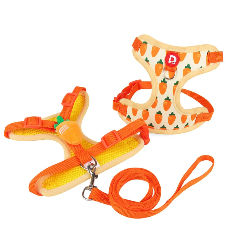 Orange pet harness and leash set with a pattern of carrots for dogs
