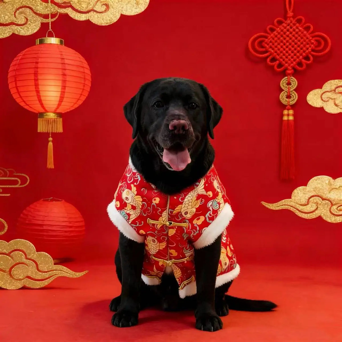 A black dog wearing a red and gold traditional Chinese pattern hoodie, set against a vibrant red background with lanterns.