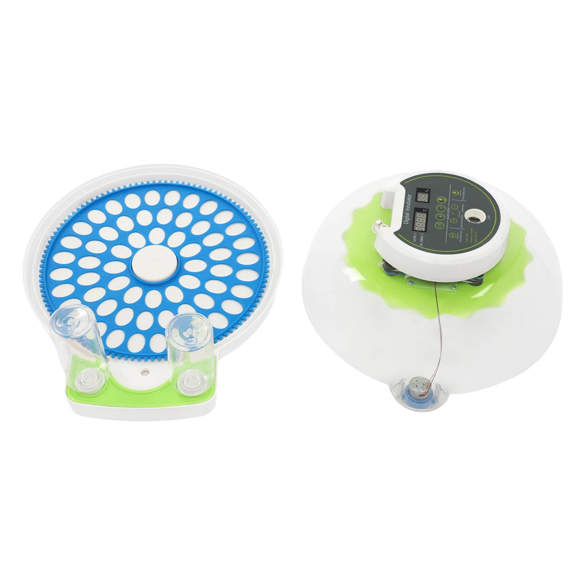 Weiße automatische Vogel-Eier-Inkubator mit blauem perforiertem Fach und digitaler Anzeige.