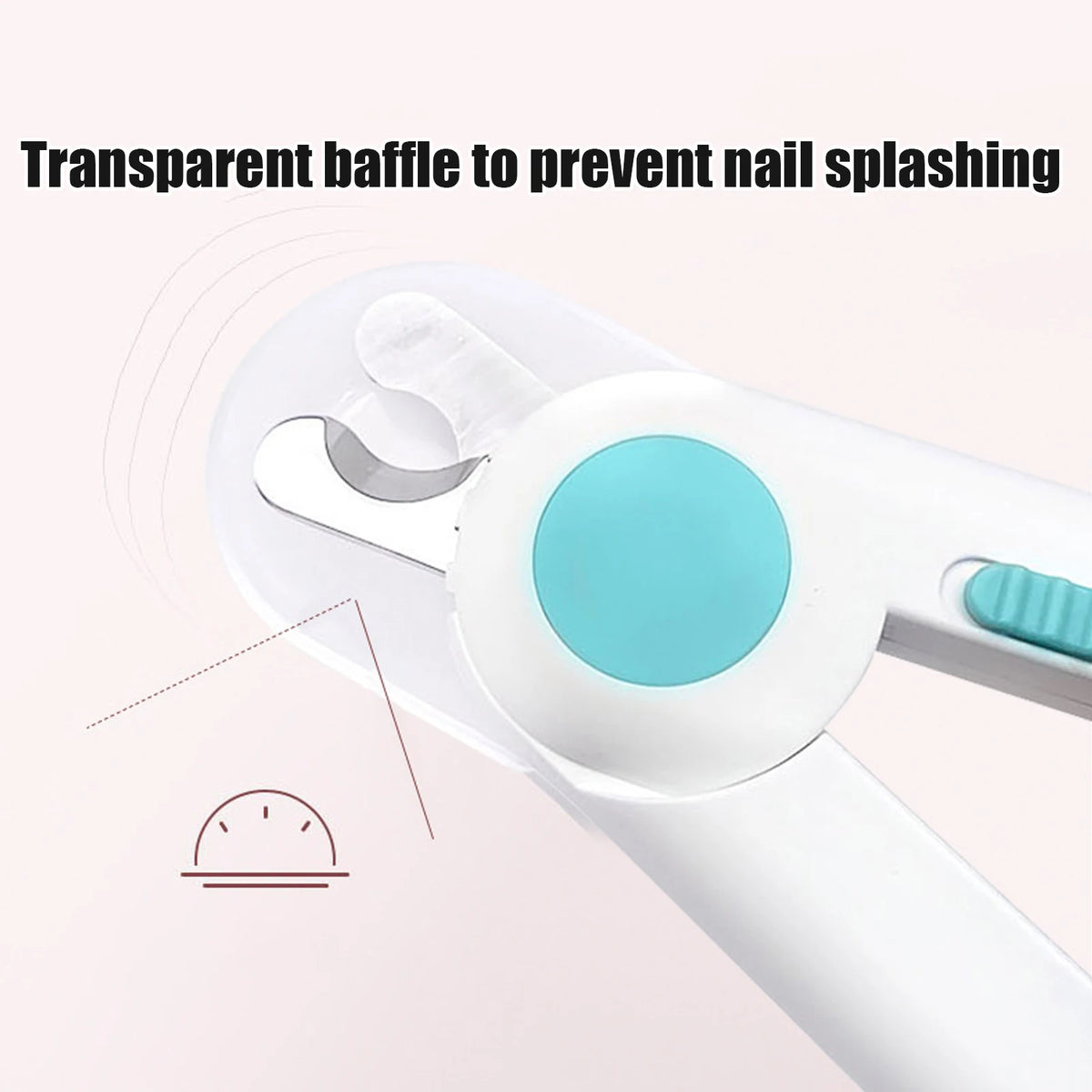 A close-up of a white pet nail clipper with a transparent baffle and a light feature.