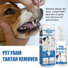 A bottle of Pet Foam Tartar Remover for dogs is shown next to a dog's mouth being cleaned with foam.