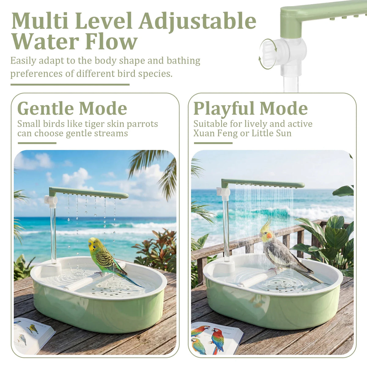 A green automatic bird shower bath for parrots, showing gentle and playful water flow modes.