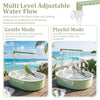 A multi-level adjustable water flow bird shower bath for parrots, shown in gentle and playful modes.