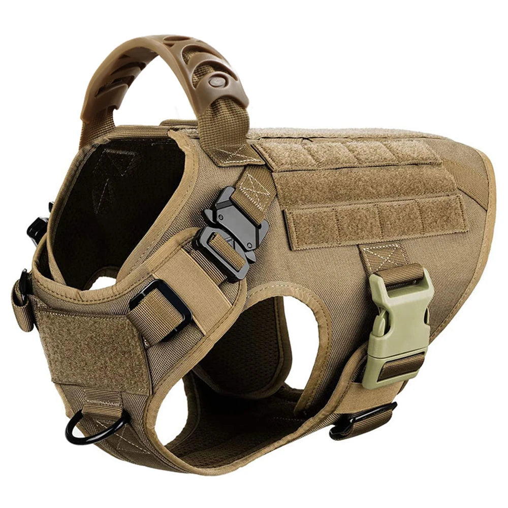 A tan heavy duty tactical dog harness with a padded vest and molli pouch system.