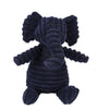 Juguete de elefante suave y texturizado azul oscuro, diseñado como juguete masticable para limpieza dental.