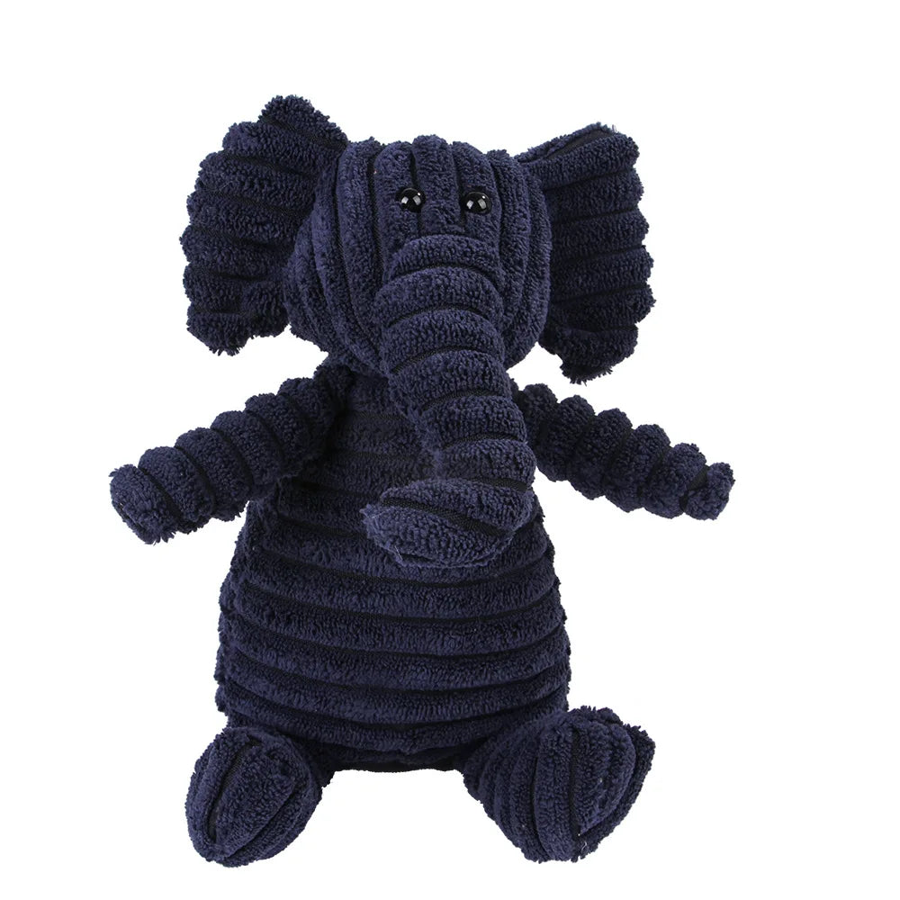 Juguete de elefante suave y texturizado azul oscuro, diseñado como juguete masticable para limpieza dental.