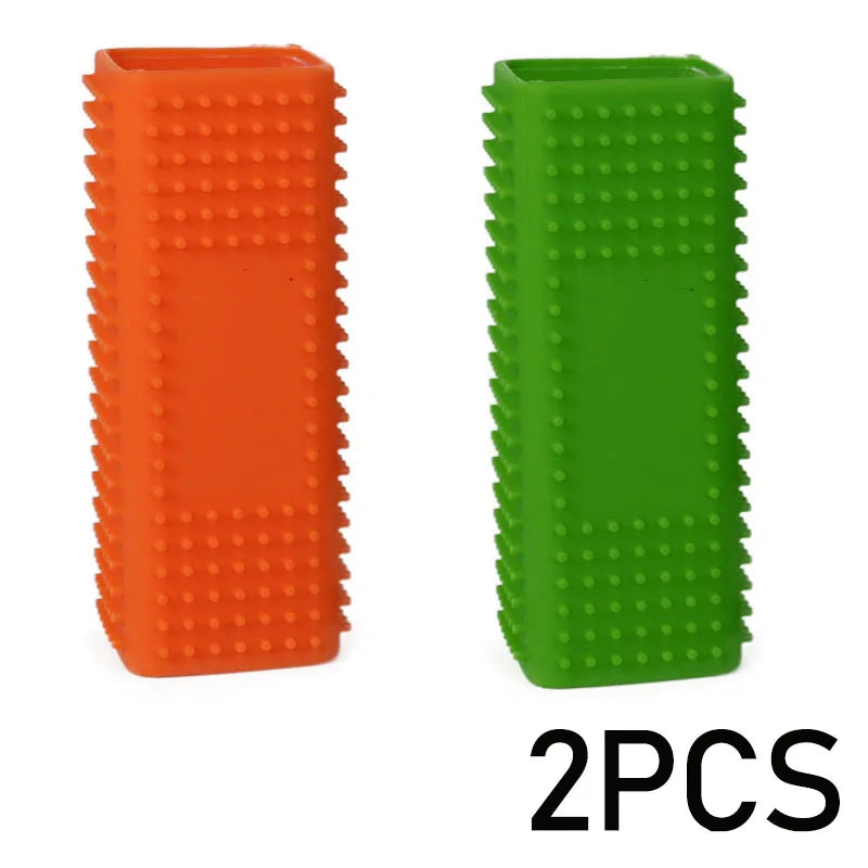 Two silicone pet hair removal brushes, one orange and one green.