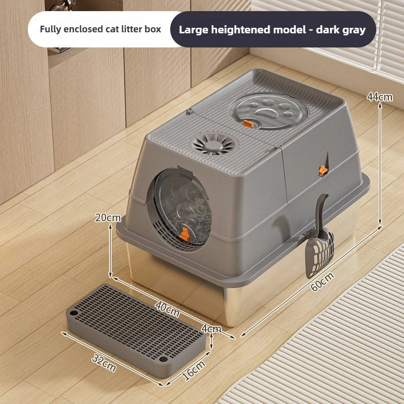 A large heightened dark gray fully enclosed cat litter box with a flip-top lid and a grated base.