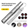 A silver multi-functional laser cat teasing light with a USB connector and various light modes.