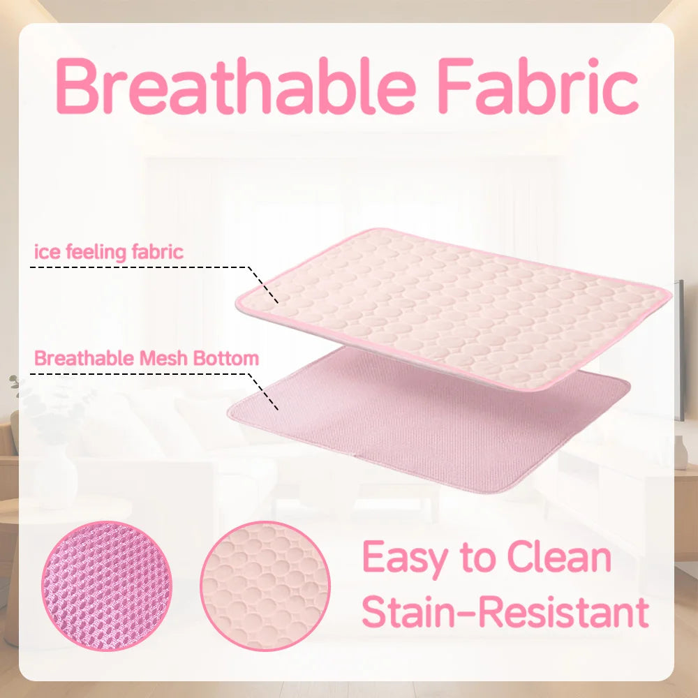 Pink breathable fabric cooling mat with a mesh bottom and stain-resistant surface.