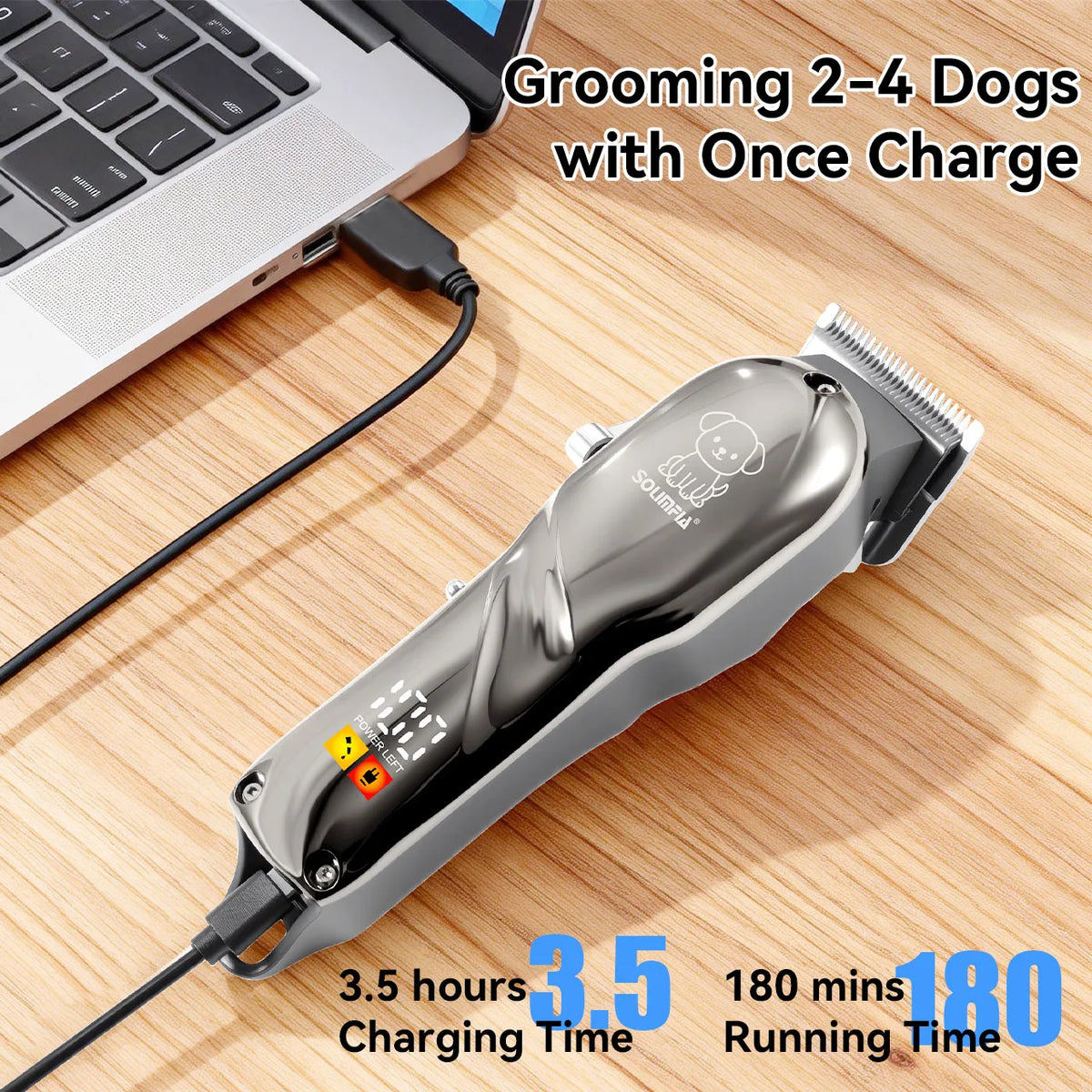 A silver pet grooming clipper is shown next to a laptop, with text indicating 3.5 hours charging time and 180 minutes running