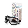 A pair of clear-lensed sunglasses packaged in a cardboard box with colorful patterns.