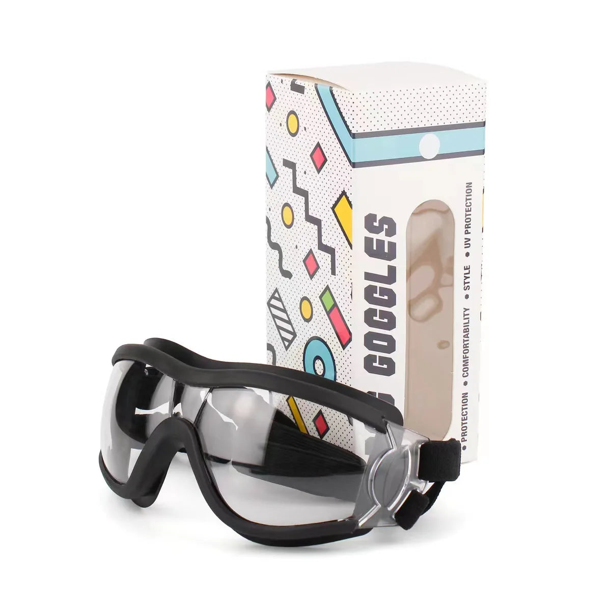 A pair of clear-lensed sunglasses packaged in a cardboard box with colorful patterns.