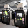 A car backseat organizer with a tablet holder and storage pockets is shown in the vehicle interior.