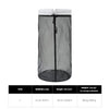A black mesh storage bag with a drawstring closure, shown next to a size chart.