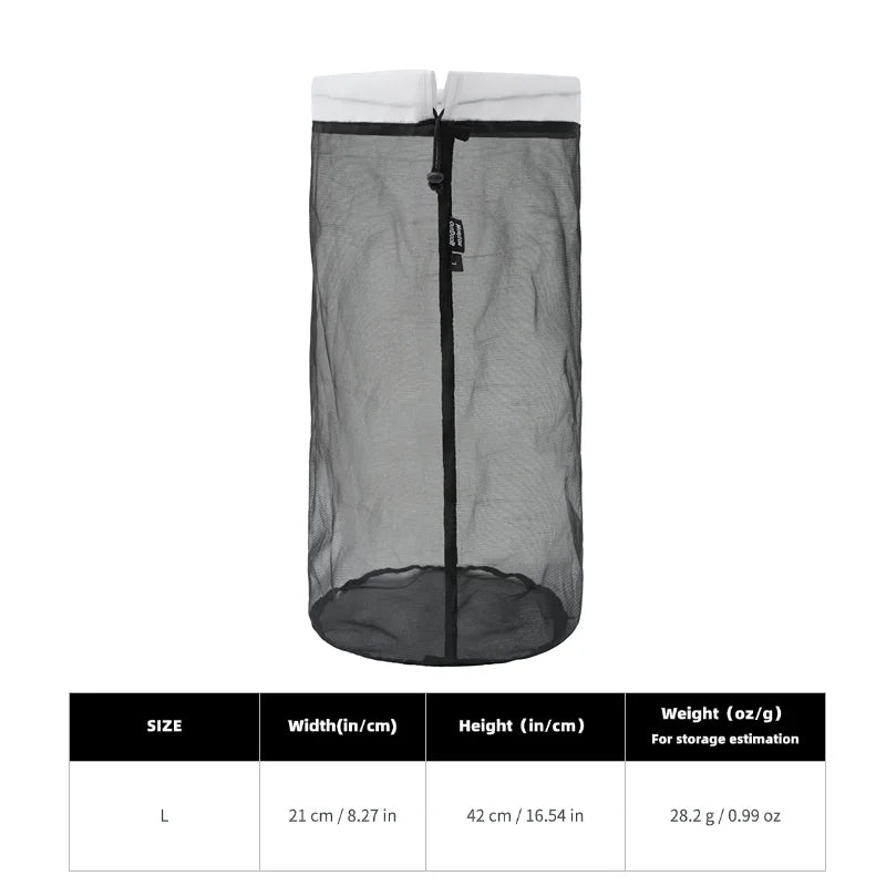 A black mesh storage bag with a drawstring closure, shown next to a size chart.