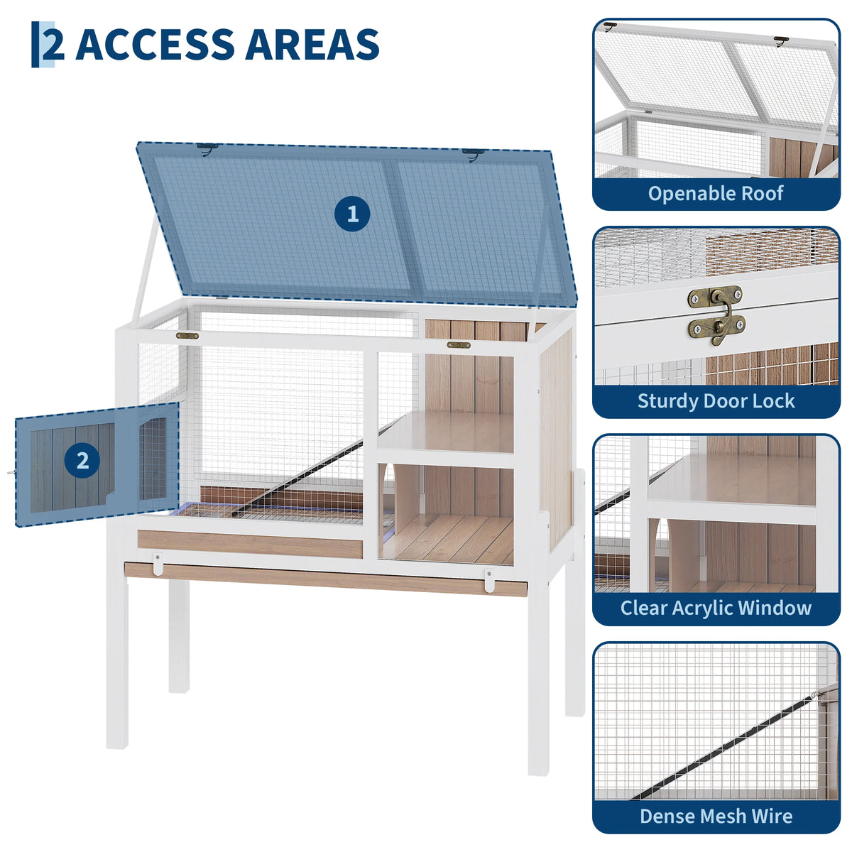 A two-story wooden guinea pig cage with an openable roof, a sturdy door lock, and clear acrylic window.