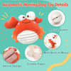 An orange crab plush dog toy with a white belly and ears, showing details like rechargeable battery, built-in music, crinkle 