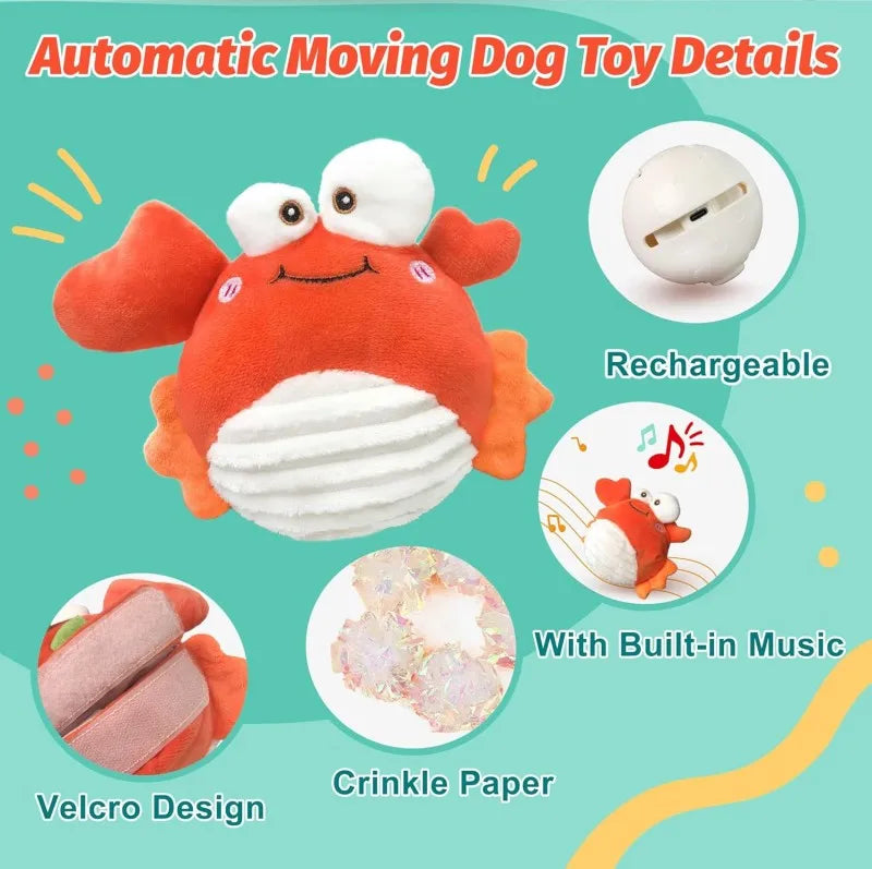 An orange crab plush dog toy with a white belly and ears, showing details like rechargeable battery, built-in music, crinkle 