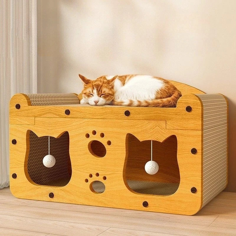 A golden cat is sleeping inside a wooden cat scratcher house and lounge bed with paw-shaped openings.