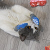 A gray and white cat wearing blue anti-slip socks on its paws.