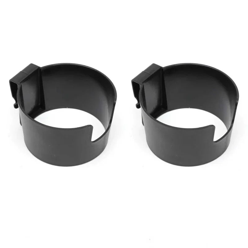Black portable vehicle drink holder with a clamp design.