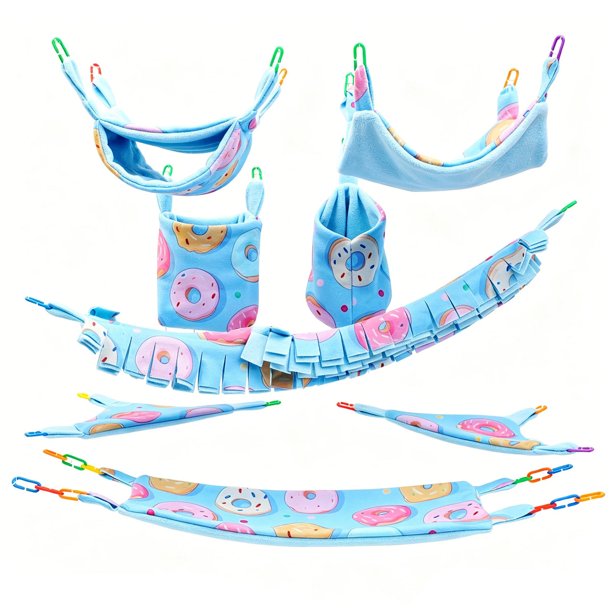 A set of blue and pink multi-functional pet hammocks and hideouts for small pets.