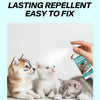 A hand sprays a long-lasting repellent onto three kittens resting on a white surface.