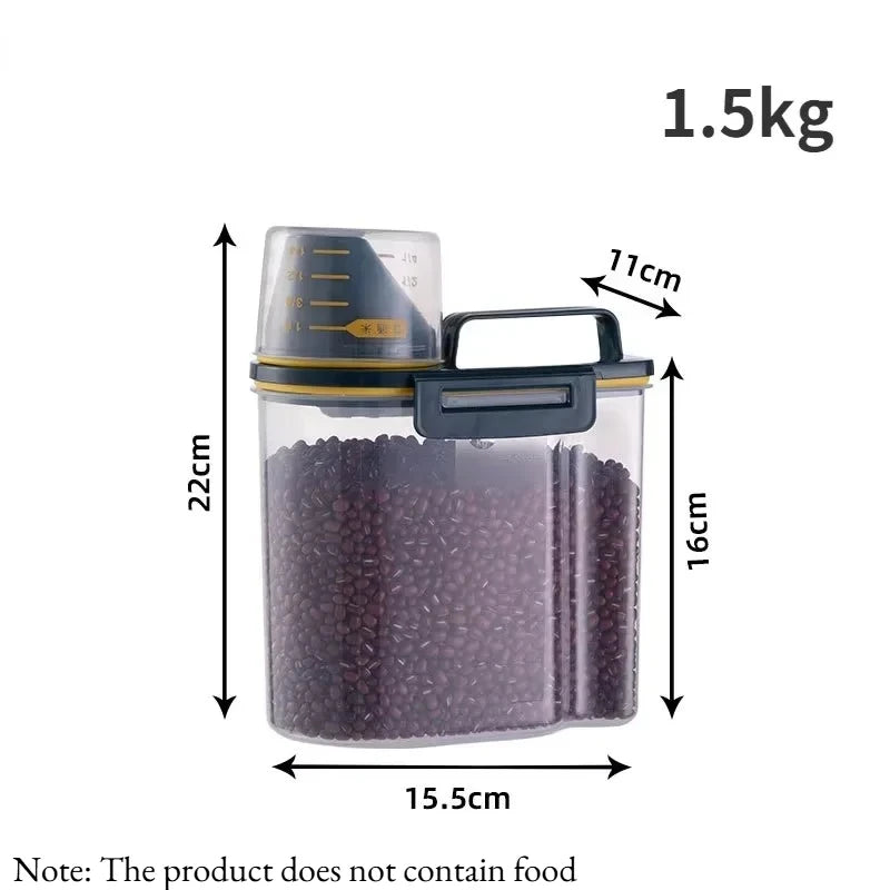 A clear airtight pet food storage container with a measuring cup and a black lid, shown against a white background.