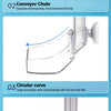 Diagramme montrant cinq parties d'un tube d'alimentation pour aquarium : porte d'alimentation, chute de convoyeur, courbe cir
