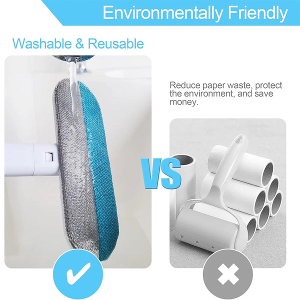Cepillo multiuso para quitar pelo de mascota siendo lavado y reutilizado, comparado con una versión desechable.