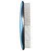 A close-up view of a stainless steel pet grooming comb with blue accents.