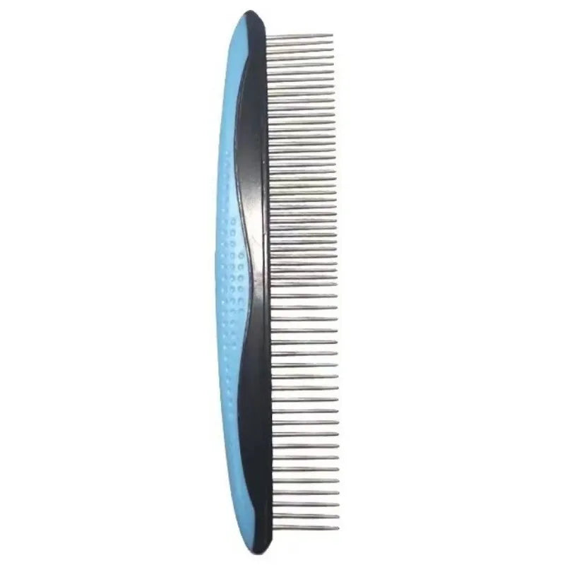 A close-up view of a stainless steel pet grooming comb with blue accents.