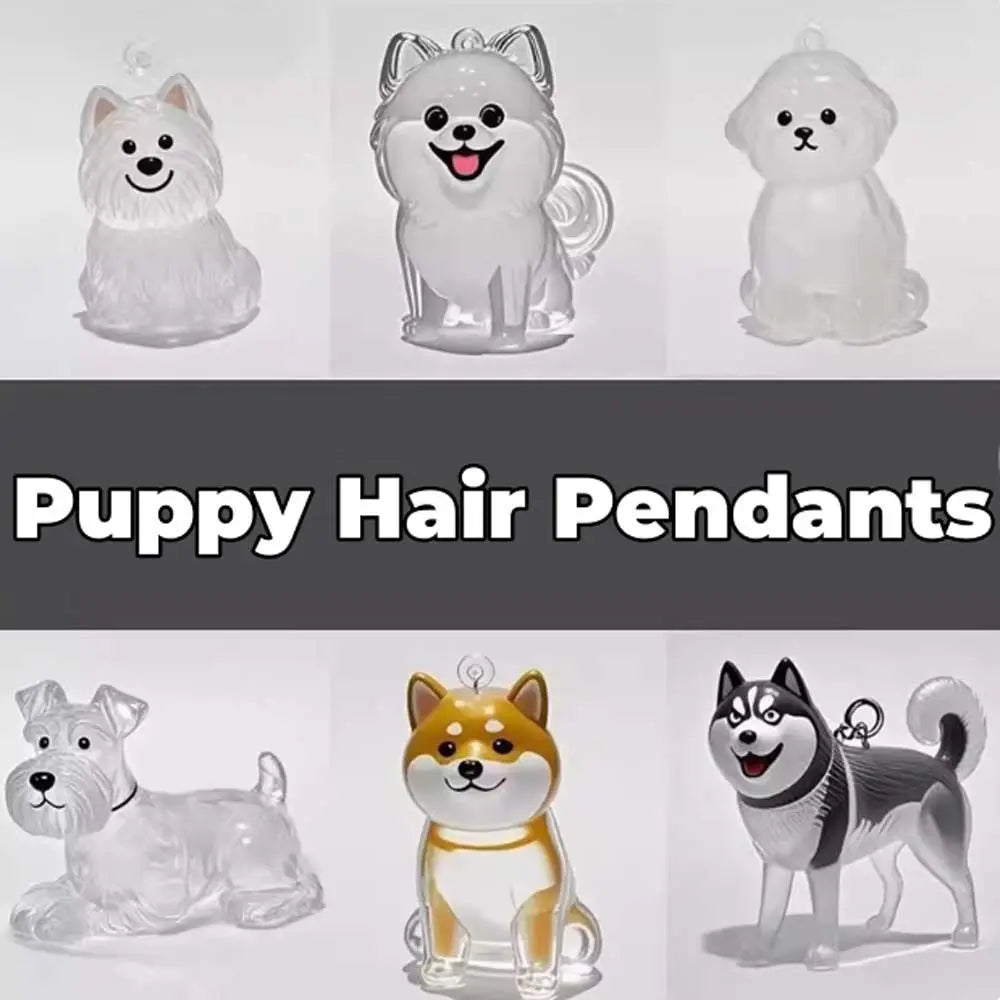 Un set de colgantes de pelo de cachorro de acrílico transparente con varias razas y perros de dibujos animados.