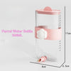 A clear plastic parrot water bottle with a pink lid and separated husk for feeding.