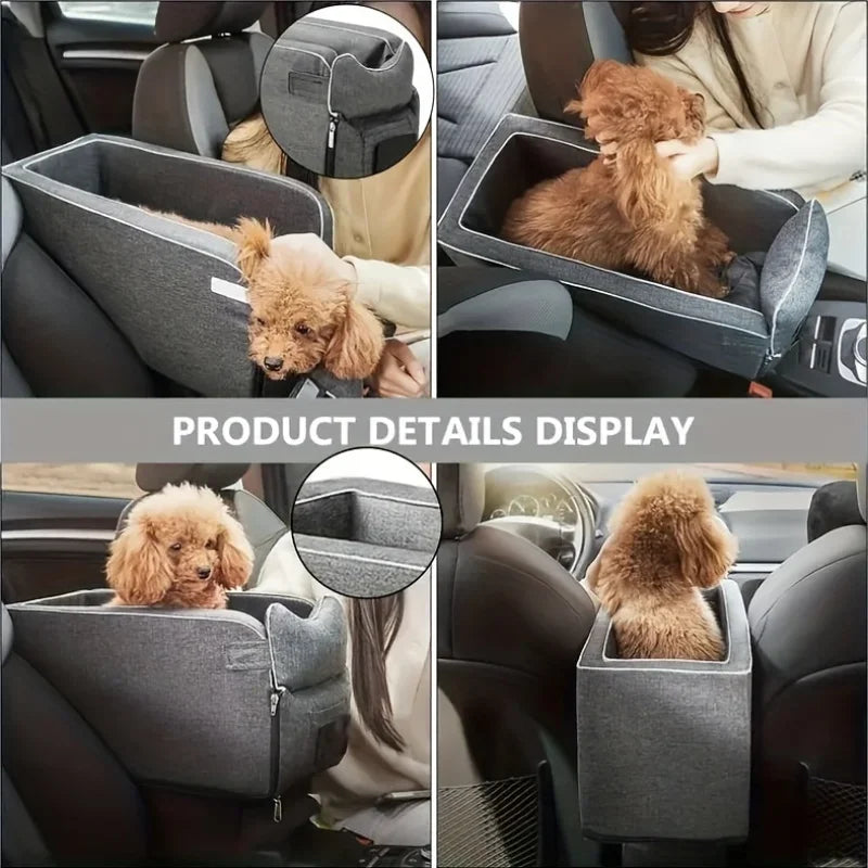 Display of a portable pet car seat and booster bed for dogs and cats in a car interior.