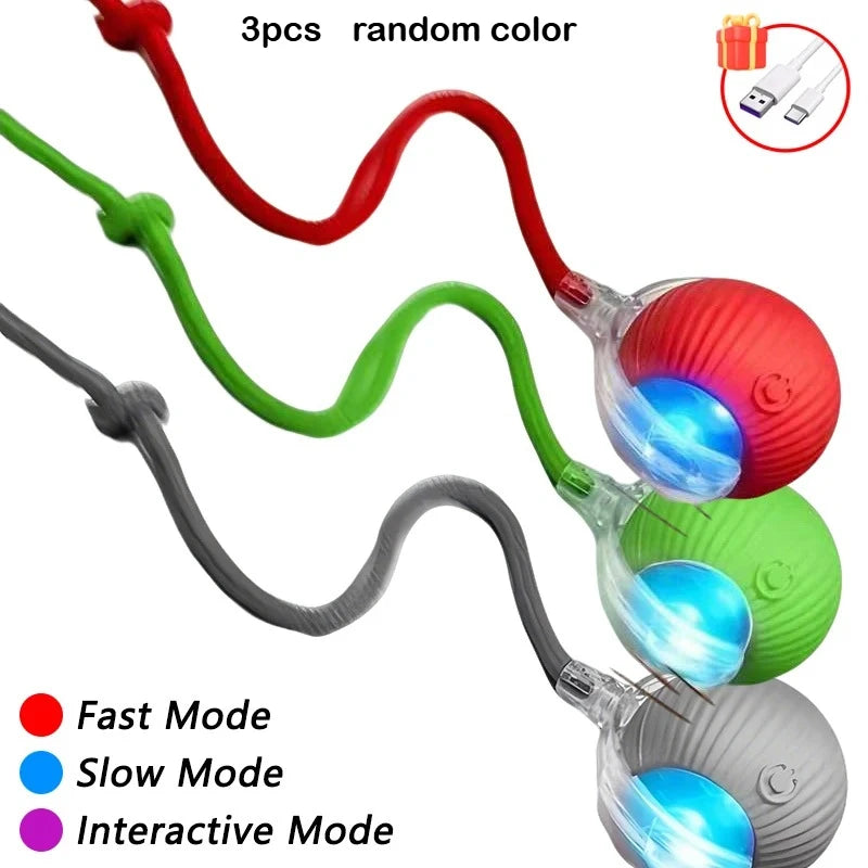 Three silicone LED tail toys in red, green, and gray with fast, slow, and interactive modes