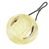 A light yellow pet sun hat with ear holes for dogs and cats, featuring a black drawstring.