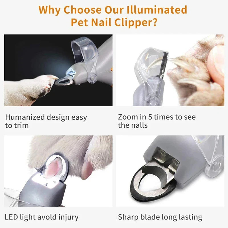 Close-up images showing a pet nail clipper with various features including a zoomed view, a blade, and the device being used 