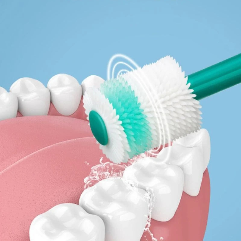A white silicone pet toothbrush is shown cleaning teeth on a pink dental model.