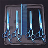 A set of professional stainless steel pet grooming scissors and combs stored in a black case.