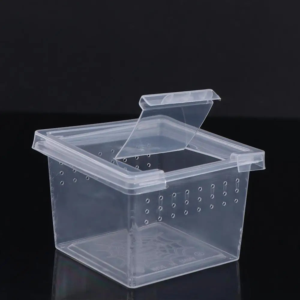 Clear plastic reptile habitat box with a vented lid and bottom