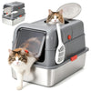 A stainless steel enclosed litter box for cats with a cat using it.